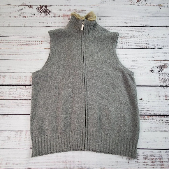 Eddie Bauer Sweater Vest Women XL Gray Faux Fur Trim Zip Wool Alpaca Blend Cabin - Picture 2 of 14